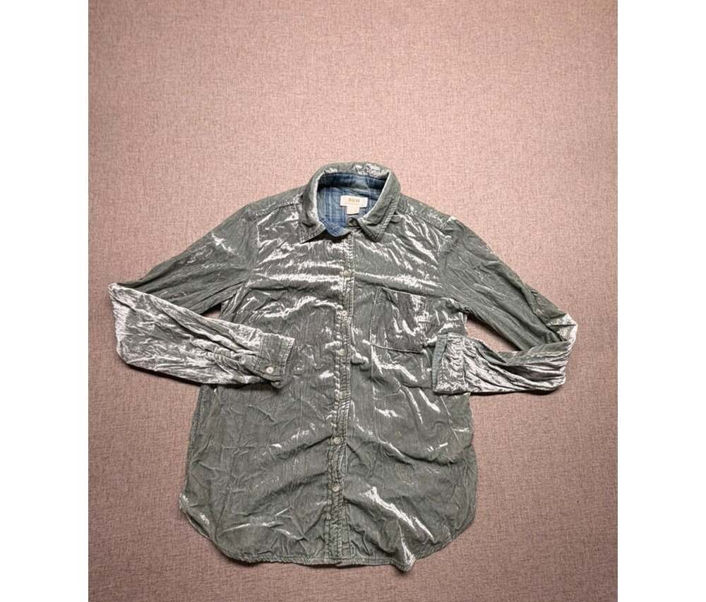 Maeve Anthropologie Size 00 Sage Green Crushed Velvet Button Down Shirt